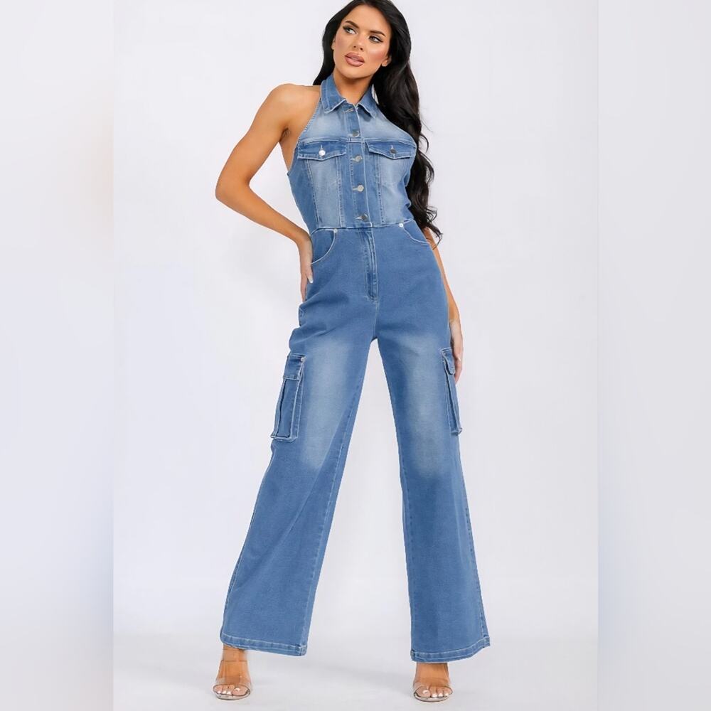 T120 NWT Timing Sleeveless Halter Pocket Denim Washed Wide Leg Jumpsuit Sm Md Lg